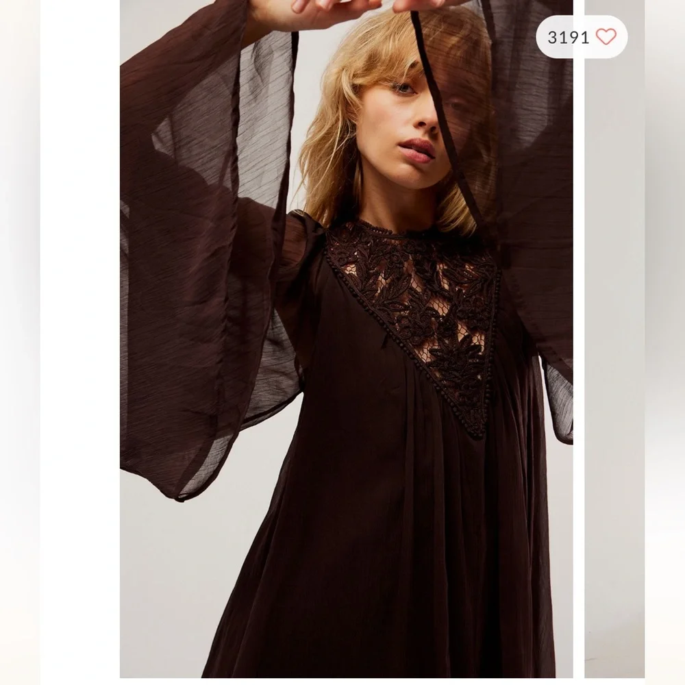 Free People Sunshine Of Love Crochet Neck Sheer Statement Sleeve Mini Dress XS - Picture 3 of 7